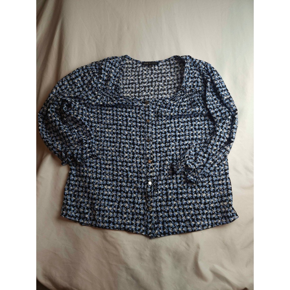Adrienne Vittadini Blue‎ Black Geometric Print Button Front Blouse XL